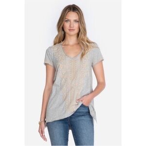 Johnny Was Kemi Knit Drape Gray Floral Embroidered Top Bohemian Cottagecore